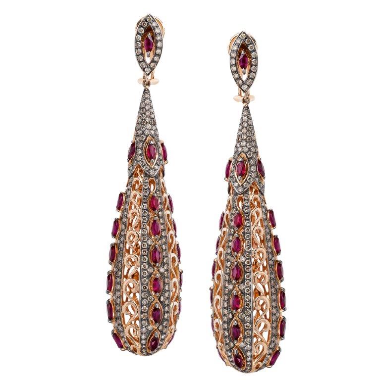 18k Rose Gold Chocolate Diamond & Ruby Chandelier Drop Earrings Jewels in Paradise Aruba