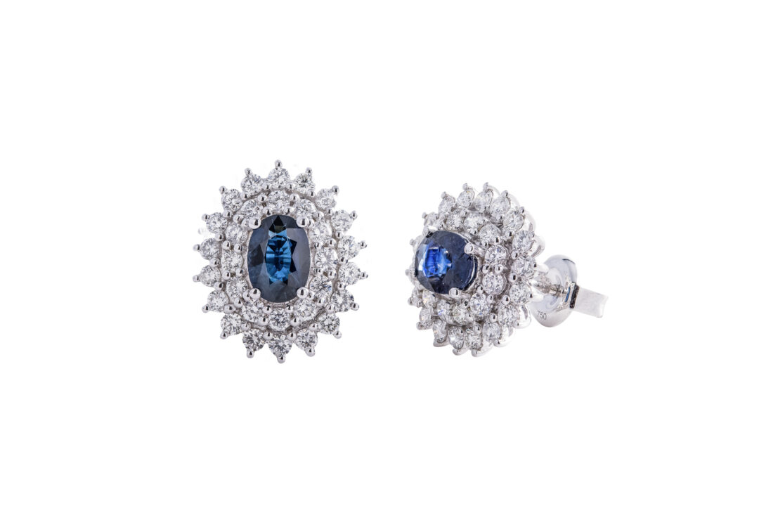 18k White Gold Diamond & Oval Cut Blue Sapphire Earrings Jewels in Paradise Aruba