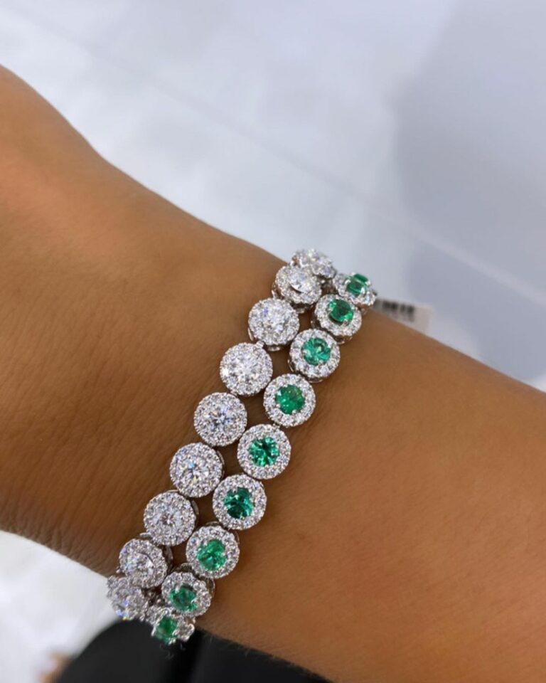 14k White Gold Tiffany Style White Diamond & Emerald Tennis Bracelet ...