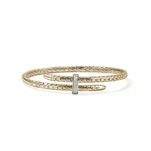 John Hardy 14K Yellow Gold  Spear Flex Cuff – 4MM with White Diamonds Pave