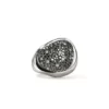 14K White Gold Pebble Ring, Sterling Silver, Black Sand Diamond Pavé