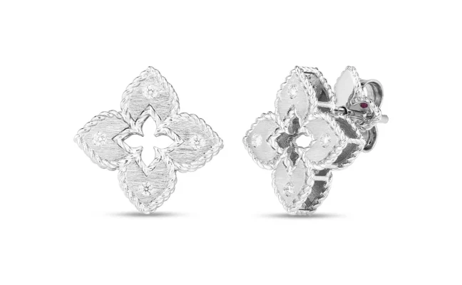 18K White Gold Petite Venetian Princess XS Satin and Diamond Accent Flower Earrings